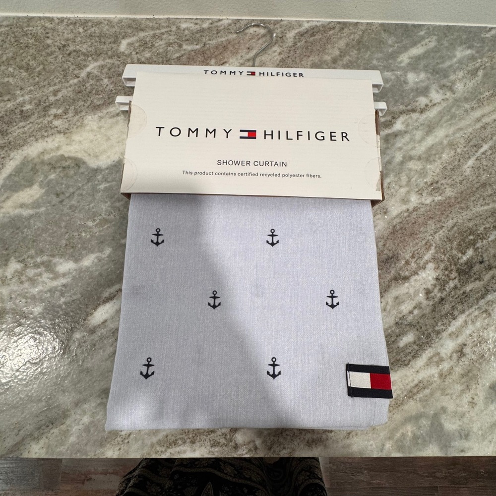 Tommy Hilfiger Shower Curtain Light Blue Nautical Anchor Flag 72x72 NEW
